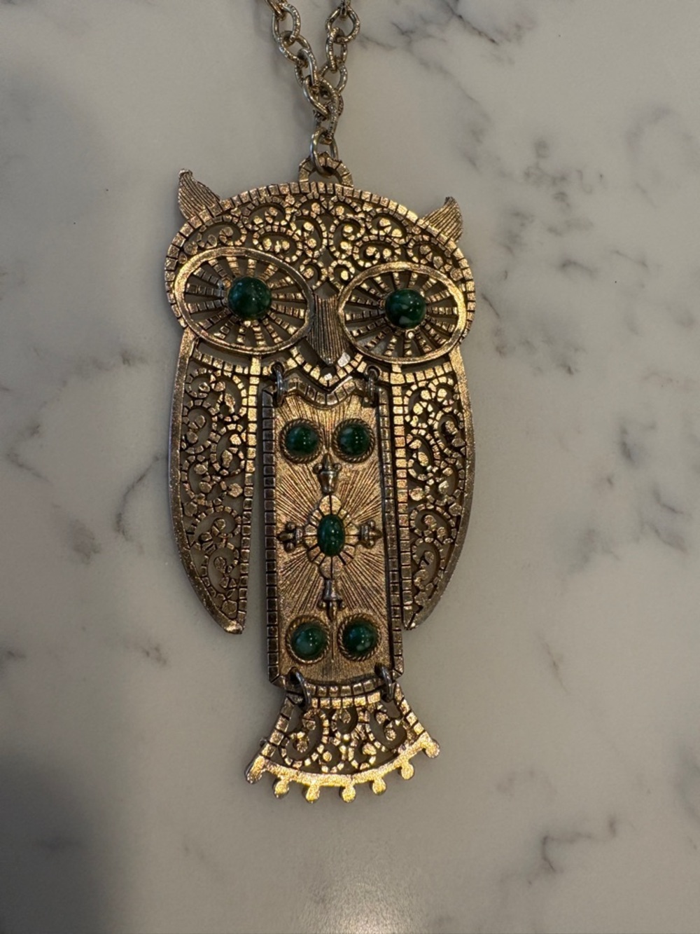 Gold-Tone Owl Pendant Necklace with Green Stone Accents